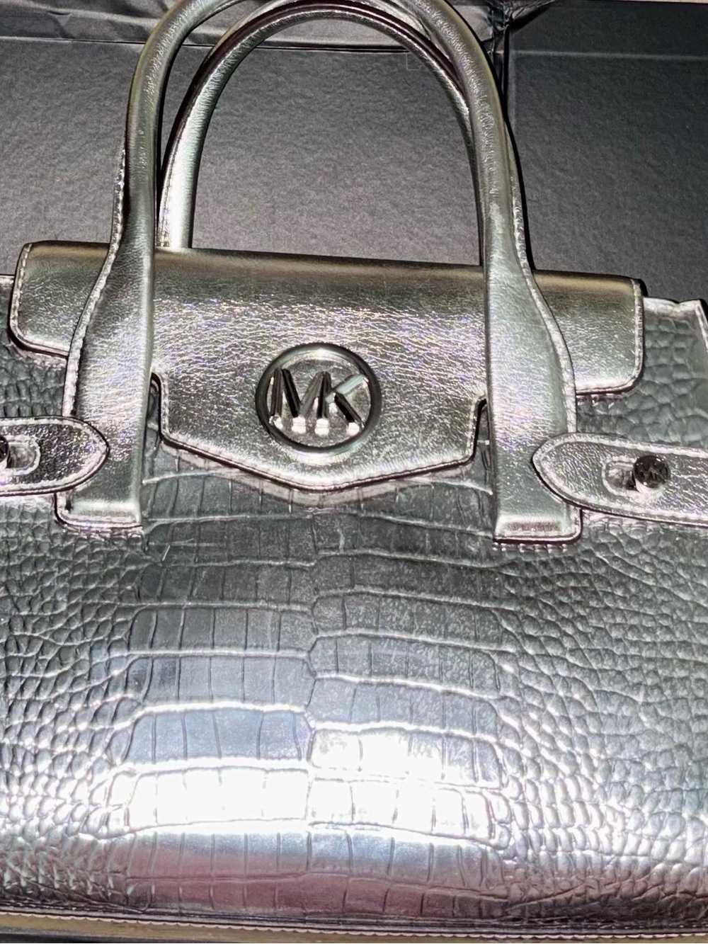 Michael Kors Metallic Silver Croc-Embossed Satchel 8x11 - Picture 12 of 13